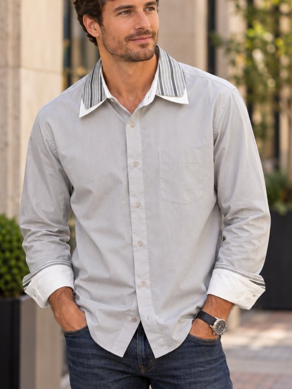 Daniel Ellissa NY Mens Grey Long Sleeve Classic Button-Down Dress Shirt 17 34/35